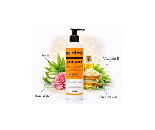 Hair milk bottle with ingredients labeled on a white background